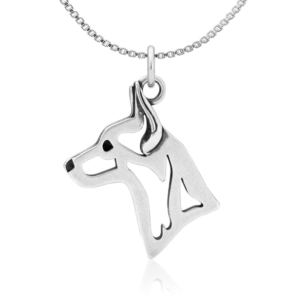 Rat Terrier Necklace Head Design in Sterling Silver on Box Chain.