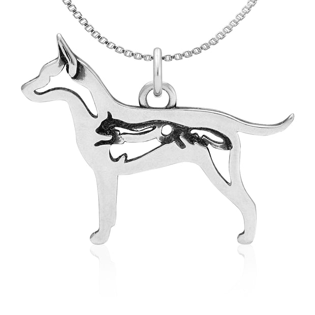 Rat Terrier Necklace Body Design with Squirrel in Sterling Silver on Box Chain.