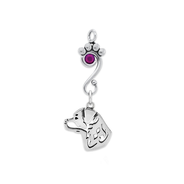 Rottweiler Pendant Head Design with Amethyst Crystal in Sterling Silver.