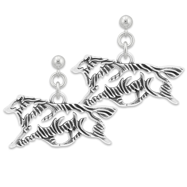 Shetland Sheepdog Earrings Gaiting Body Design in Sterling Silver in Dangle Post.