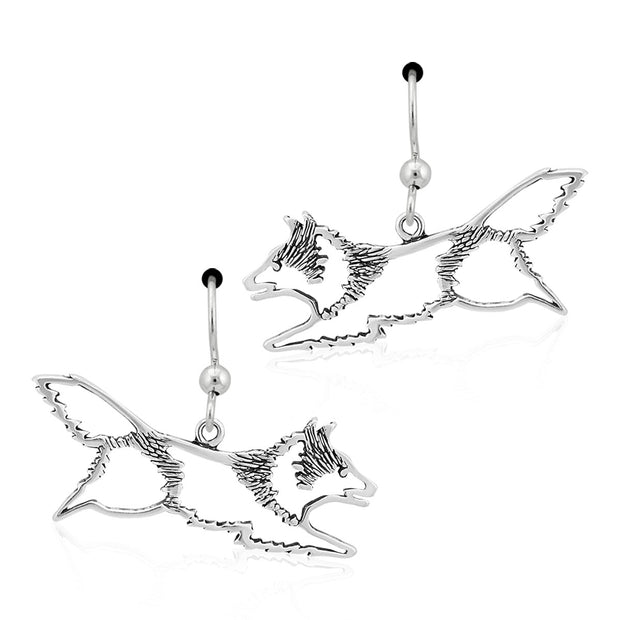 Shetland Sheepdog Earrings Jumping Body Design in Sterling Silver in French Hook.