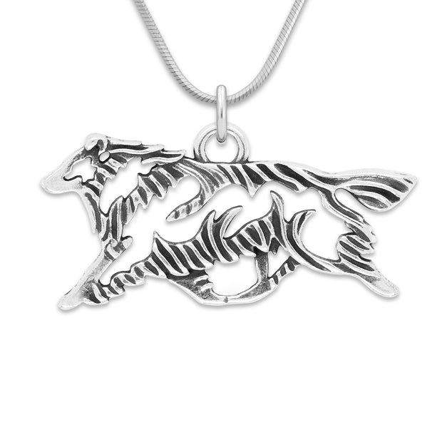 Shetland Sheepdog Necklace Gaiting Body Design in Sterling Silver on Snake Chain.