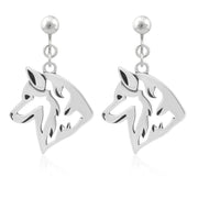 Siberian Husky Clip-On Earrings in Head Design in Sterling Silver.