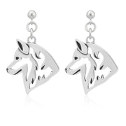 Siberian Husky Earrings Head Design in Sterling Silver in Dangle Post.