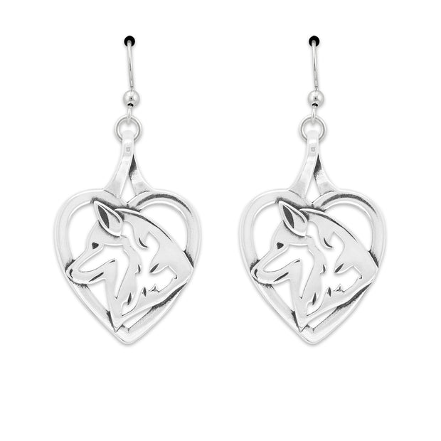 Siberian Husky Heart Earrings in Sterling Silver French Hook.