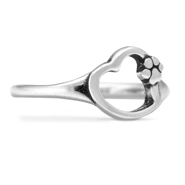 Heart with Paw Print Ring in Sterling Silver Side View.