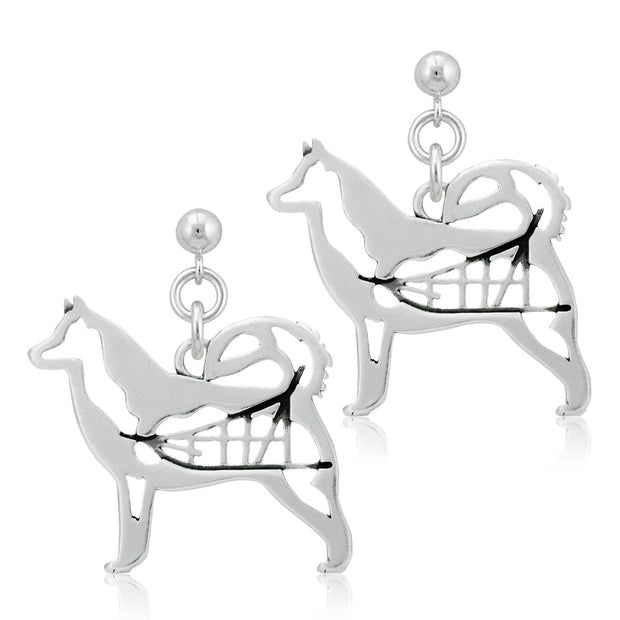 Alaskan Malamute Earrings Body Design with Sled in Sterling Silver in Dangle Post.