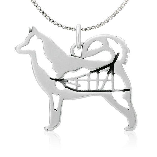 Alaskan Malamute Necklace Body Design with Sled in Sterling Silver on Box Chain.