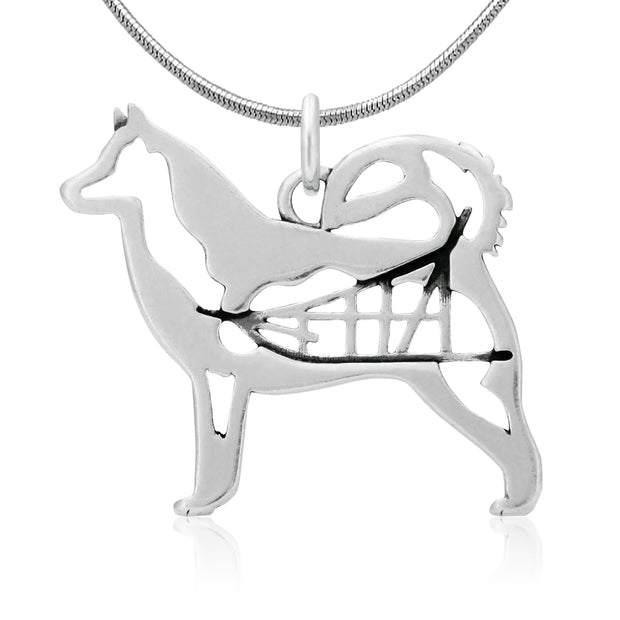 Alaskan Malamute Necklace Body Design with Sled in Sterling Silver on Snake Chain.