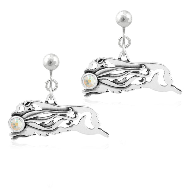 Australian Shepherd Clip-On Earrings Body Design with Ribbon with Aurora Borealis Crystal in Sterling Silver.