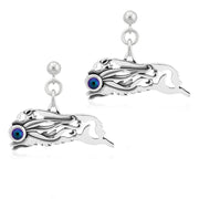 Australian Shepherd Earrings Body Design with Ribbon with Scarabaeus Crystal in Sterling Silver in Dangle Post.