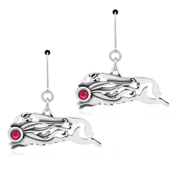 Australian Shepherd Earrings Body Design with Ribbon with Ruby Crystal in Sterling Silver in Leverback.