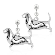 Basset Hound Clip-On Earrings Body Design with Rabbit in Sterling Silver.