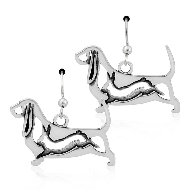 Basset Hound Earrings Body Design with Rabbit in Sterling Silver in French Hook.