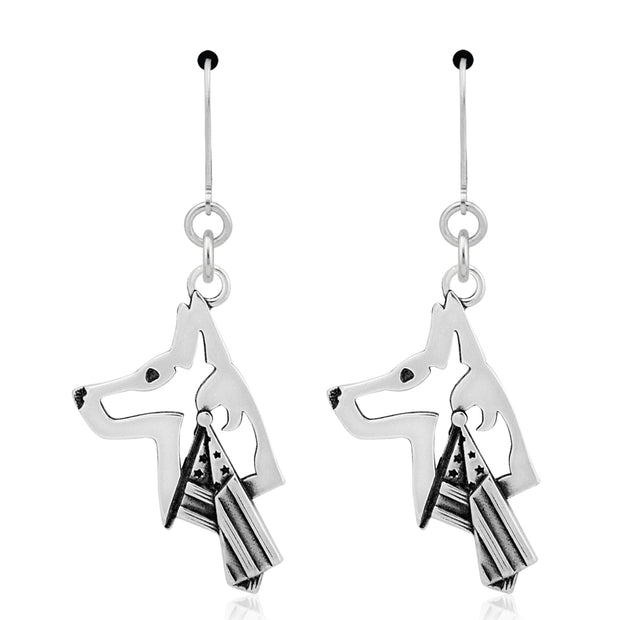 Belgian Malinois Earrings Head Design with Flag in Sterling Silver in Leverback.