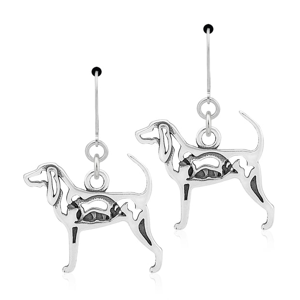 Black and Tan Coonhound Earrings Body Design with Raccoon in Sterling Silver in Leverback.