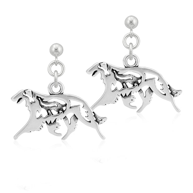 Borzoi Earrings Body Design with Wolf in Sterling Silver in Dangle Post.