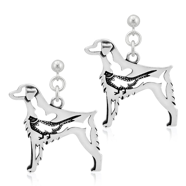 Brittany Spaniel Earrings Body Design with Pheasant in Sterling Silver in Dangle Post.