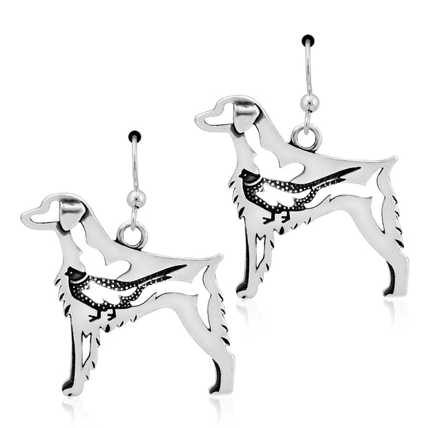 Brittany Spaniel Earrings Body Design with Pheasant in Sterling Silver in French Hook.