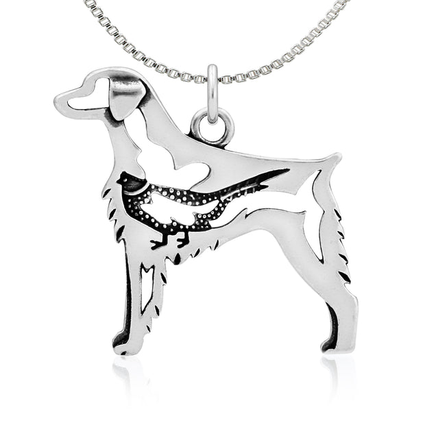 Brittany Spaniel Necklace Body Design with Pheasant in Sterling Silver on Box Chain.