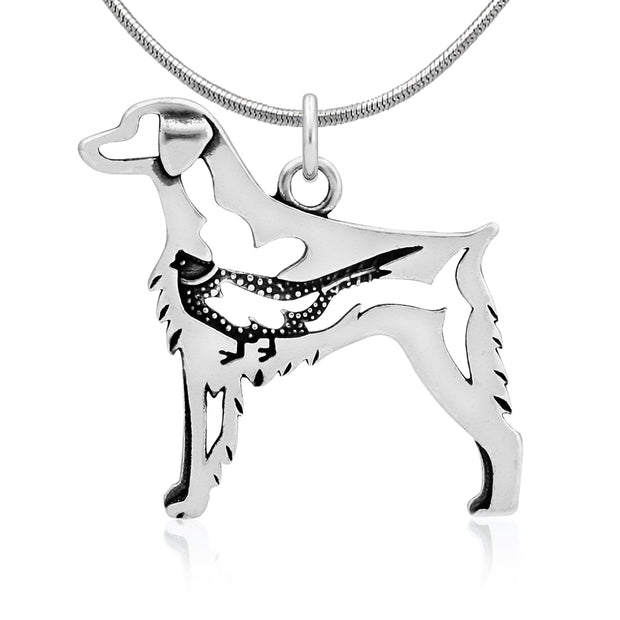 Brittany Spaniel Necklace Body Design with Pheasant in Sterling Silver on Snake Chain.