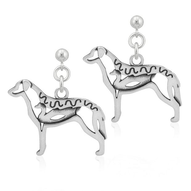 Chesapeake Bay Retriever Earrings Body Design with Duck in Sterling Silver in Dangle Post.