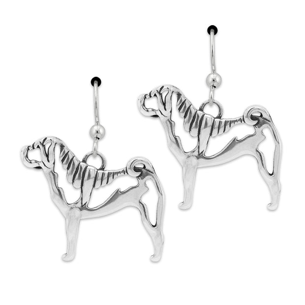 Chinese Shar Pei Earrings Head Design in Sterling Silver in French Hook.