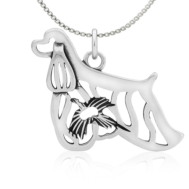 Cocker Spaniel Necklace Body Design with Pheasant in Sterling Silver on Box Chain.