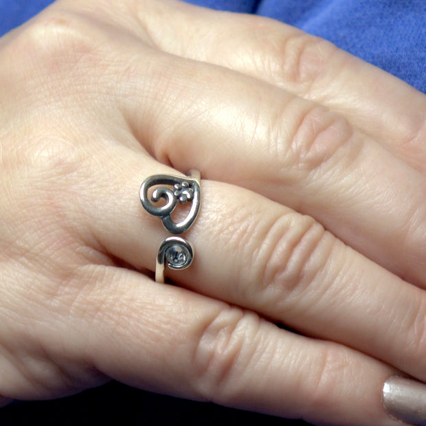 Heart with Paw Print Adjustable Ring with Crystal in Sterling Silver on Model.