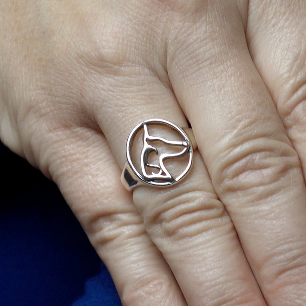 Doberman Pinscher Ring Head Design in Sterling Silver on Model.