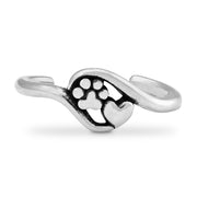 Paw Print and Heart Toe Ring in Sterling Silver.