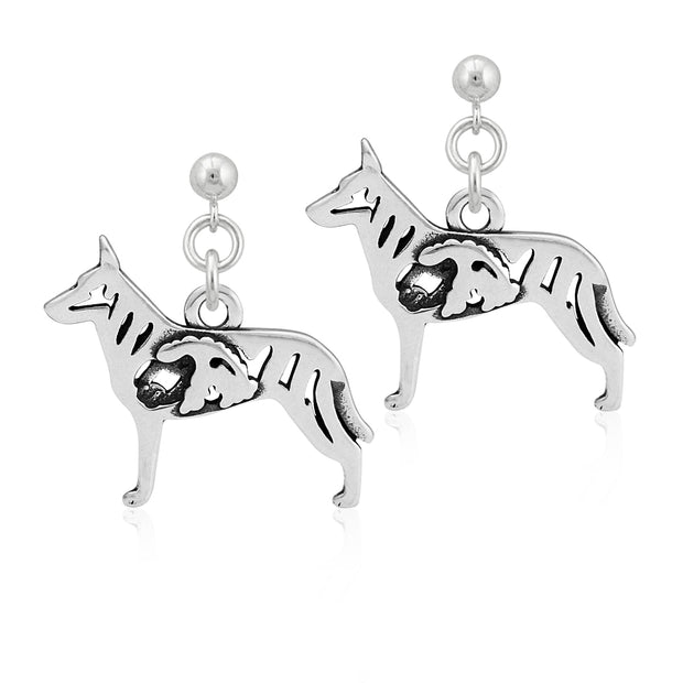 Dutch Shepherd Earrings Body Design with Sheep in Sterling Silver in Dangle Post.