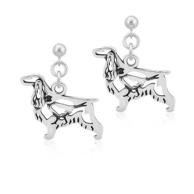 English Cocker Spaniel Earrings Body Design with Pheasant in Sterling Silver in Dangle Post.