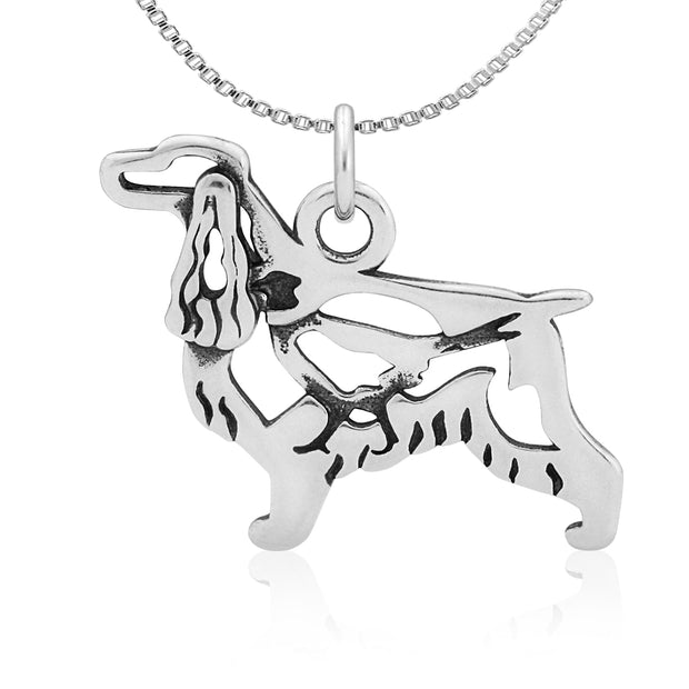 English Cocker Spaniel Necklace Body Design with Pheasant in Sterling Silver on Box Chain.