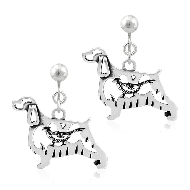 English Springer Spaniel Clip-On Earrings Body Design with Pheasant in Sterling Silver.