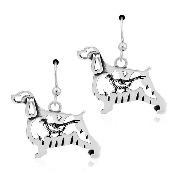 English Springer Spaniel Earrings Body Design with Pheasant in Sterling Silver in French Hook.