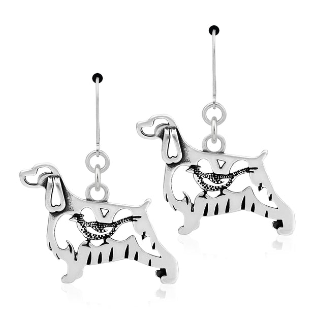 English Springer Spaniel Earrings Body Design with Pheasant in Sterling Silver in Leverback.