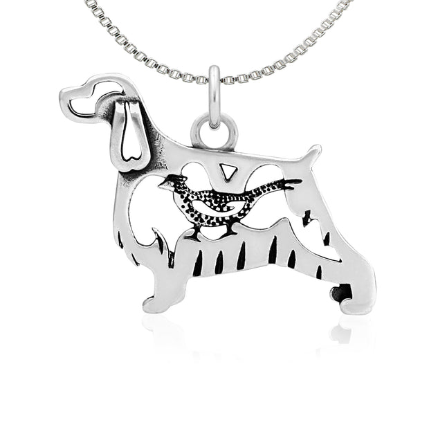 English Springer Spaniel Necklace Body Design with Pheasant in Sterling Silver on Box Chain.