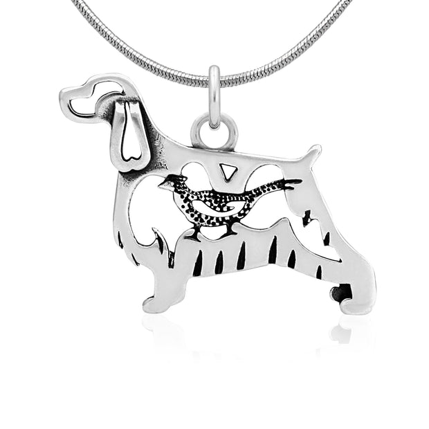 English Springer Spaniel Necklace Body Design with Pheasant in Sterling Silver on Snake Chain.