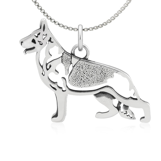 German Shepherd Necklace Body Design in Sterling Silver on Box Chain.