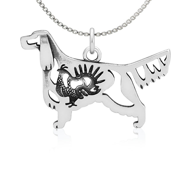 Gordon Setter Necklace Body Design with Grouse in Sterling Silver on Box Chain.