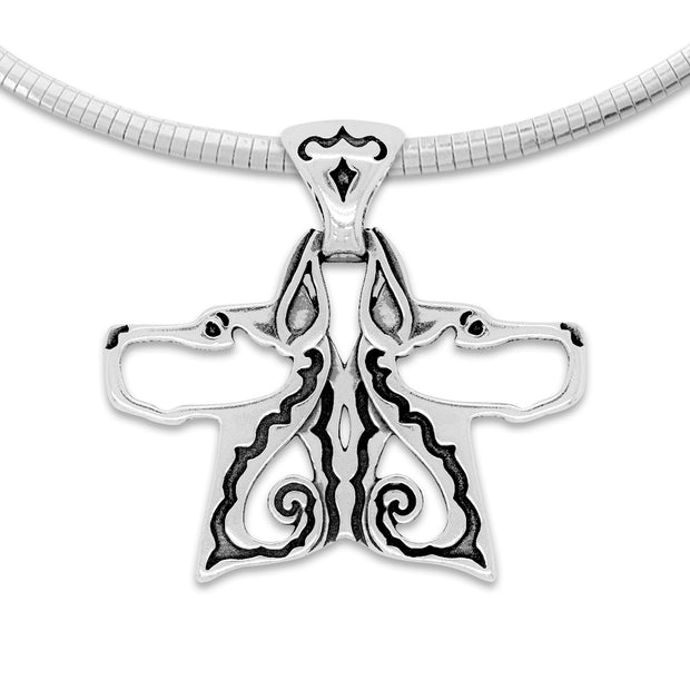 Great Dane Necklace Double Head Design in Sterling Silver on Omega Chain.