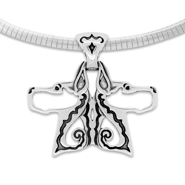 Great Dane Necklace Double Head Design in Sterling Silver on Omega Chain.