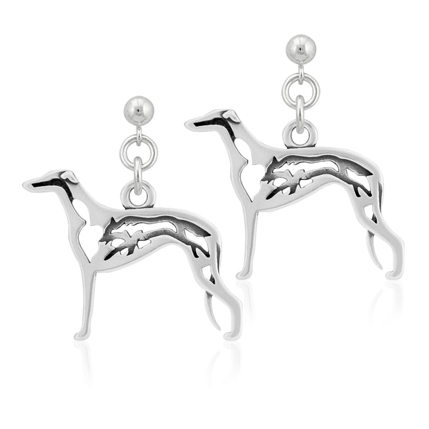 Greyhound Earrings Body Design with Fox in Sterling Silver in Dangle Post.