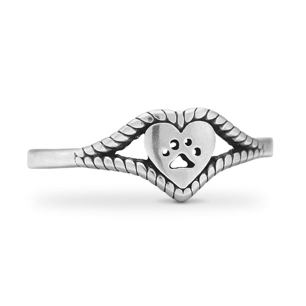 Heart with Cut Out Paw Print Ring in Sterling Silver.