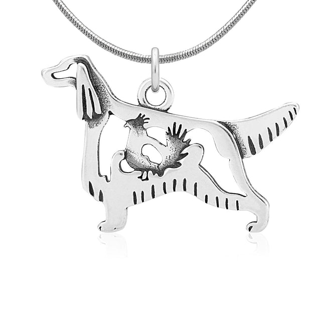 Irish Setter Necklace Body Design with Grouse in Sterling Silver on Snake Chain.