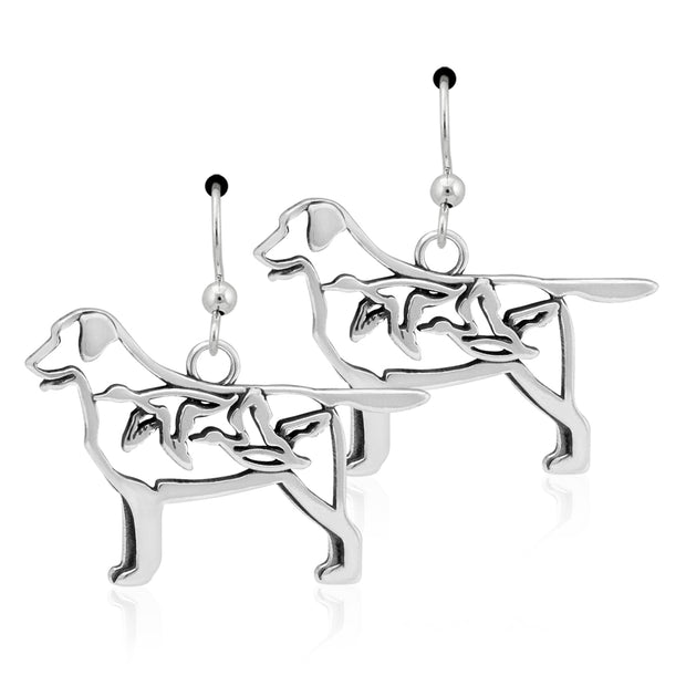 Labrador Retriever Earrings Body Design with Ducks in Sterling Silver in French Hook.