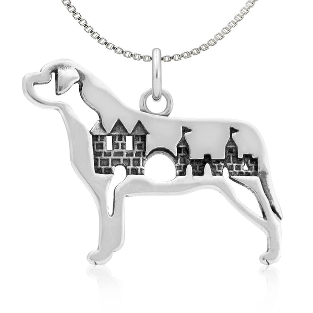 Mastiff Necklace Body Design with Castle in Sterling Silver on Box Chain.