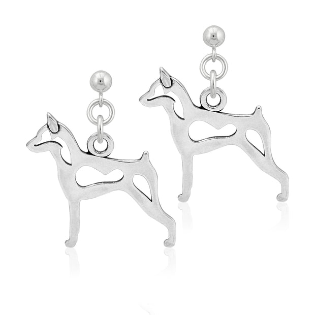 Miniature Pinscher Earrings Body Design in Sterling Silver in Dangle Post.