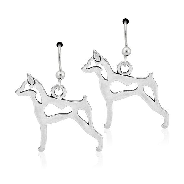 Miniature Pinscher Earrings Body Design in Sterling Silver in French Hook.